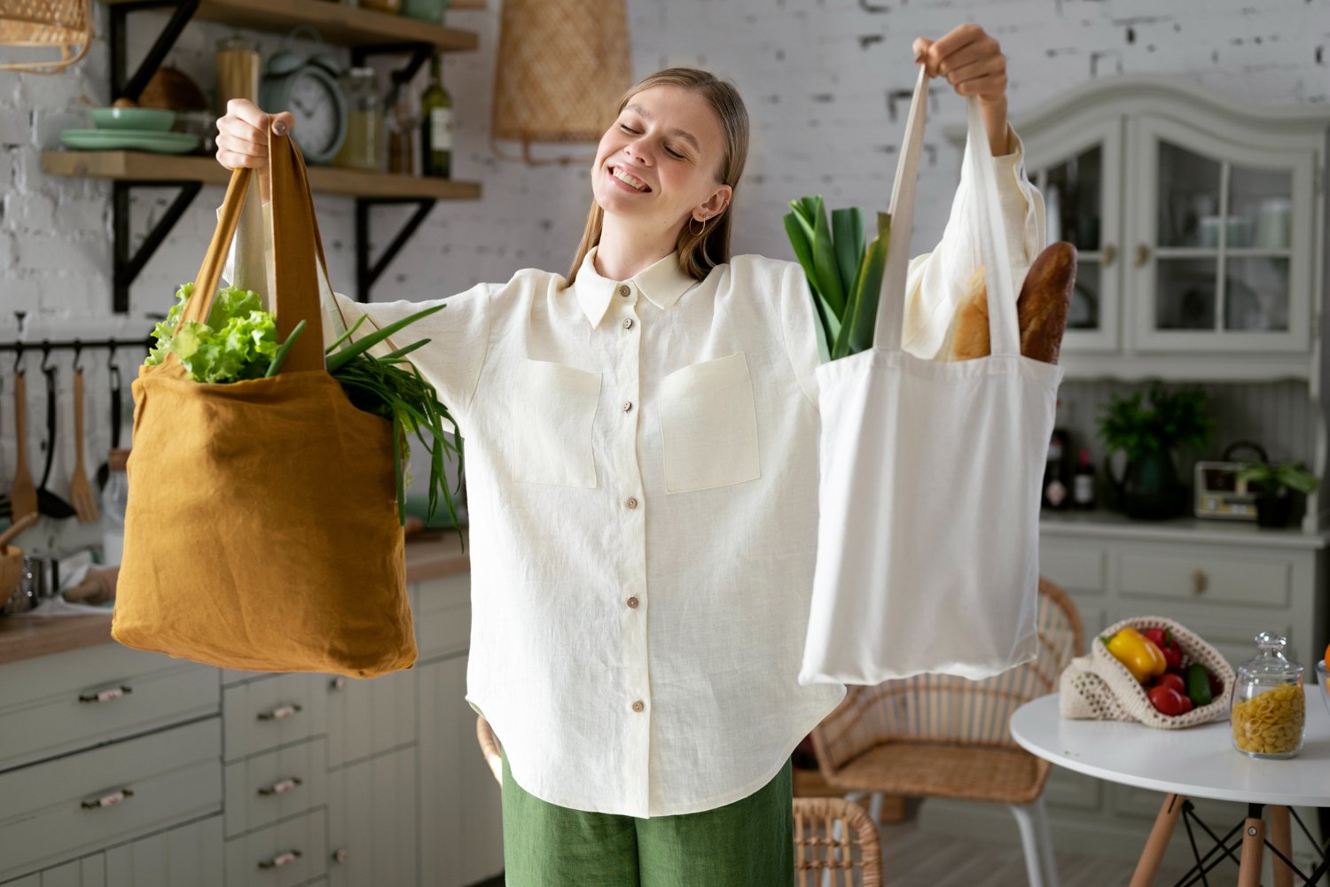 Theconsumerlink.com Sustainability in the Household Practical Tips for Eco Friendly Livingfront view smiley woman with bags